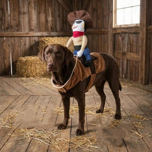 A brown dog stands in a rustic barn wearing a cowboy-themed harness, with a cowboy doll seated on its back. Hay is scattered on the wooden floor, and the dog looks toward the camera.