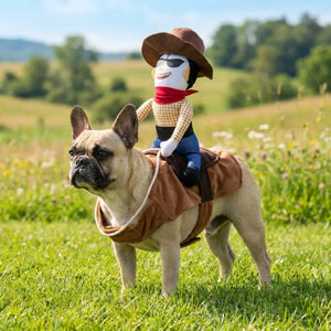 A French bulldog standing in a grassy field wears a brown cowboy outfit, while a Woody-themed plush doll sits on its back. The background shows a blurred outdoor landscape with trees and hills.