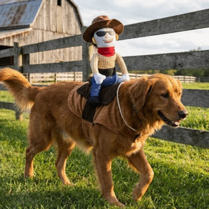 A golden retriever dog wearing a brown saddle blanket carries a cowboy-themed sock puppet outdoors on a grassy field with a wooden fence and barn in the background.