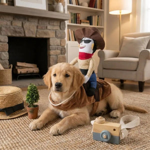 A golden retriever puppy dog wearing a brown cowboy outfit lies on a woven rug in a living room, with a cowboy-themed plush toy on its back and a small wooden toy camera in front.
