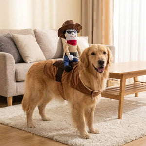 A golden retriever dog wearing a brown dog coat with a cowboy-themed plush toy sitting on its back, standing in a living room setting.