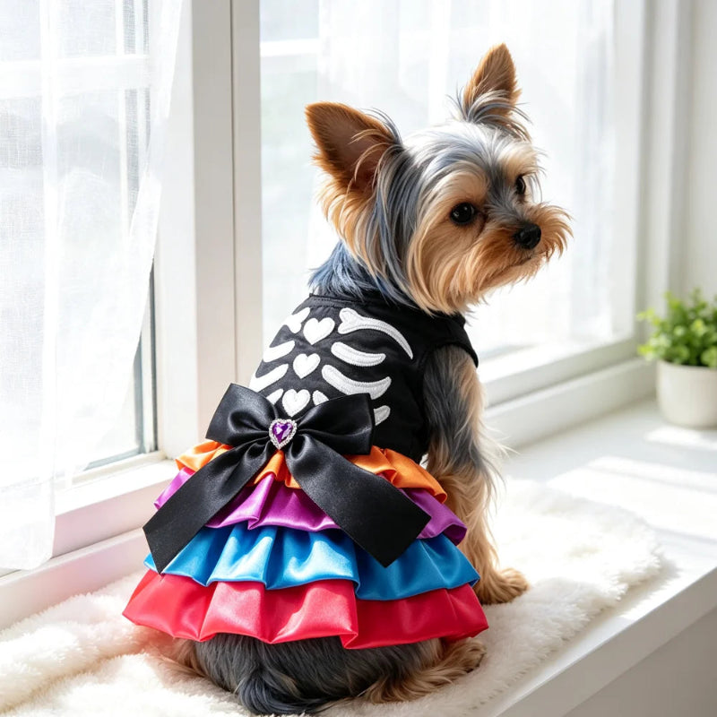 Black skeleton Halloween dog dress with purple blue and pink tiered satin skirt