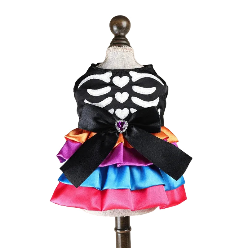 Black skeleton Halloween dog dress with purple blue and pink tiered satin skirt