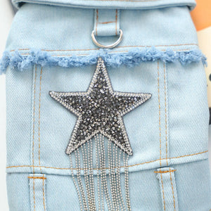 Star-Studded Denim Dog Jacket has a bling heart and beaded fringe, plus D-ring