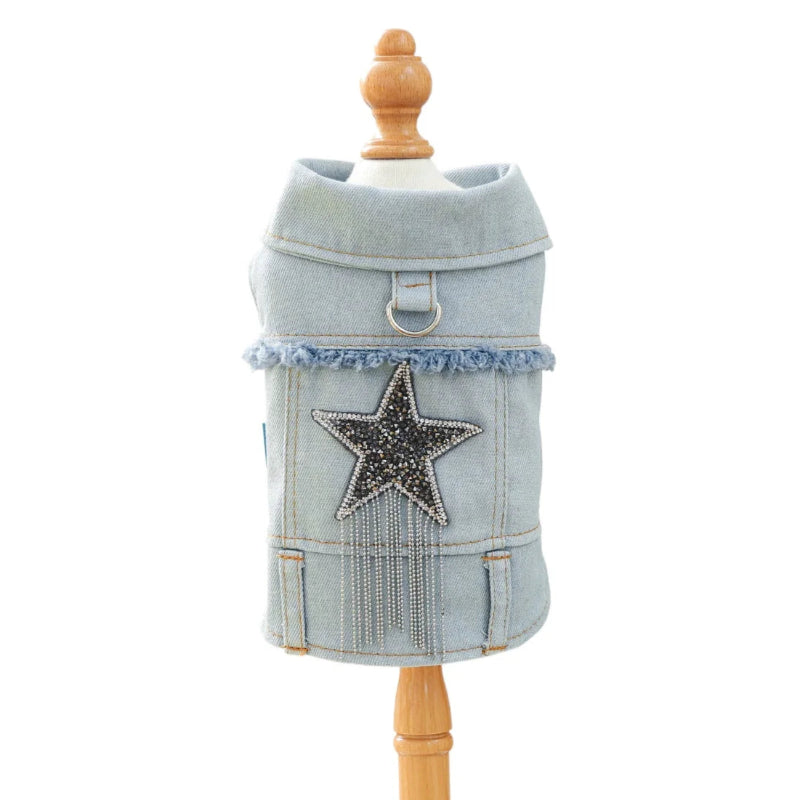 Stylish Fringed Denim Dog Jacket with Star Embroidery