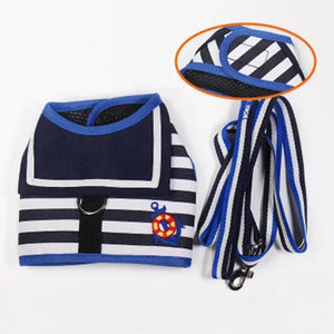 Blue and white Nautical-themed pet harness and leash set on a white background