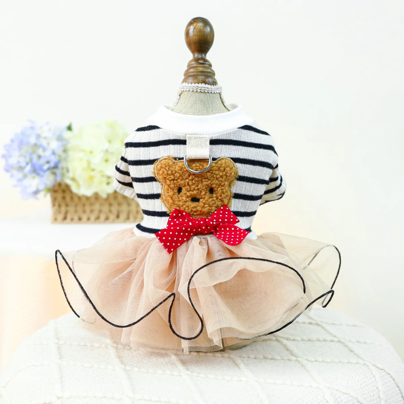 Striped Teddy Bear Dog Dress featres a brown bear with a red polka dot bow and beige tulle skirt.