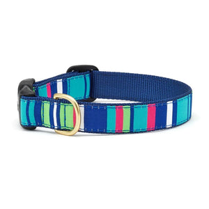 Up Country Sutton Stripe Dog Collar features colorful vertical stripes on blue.