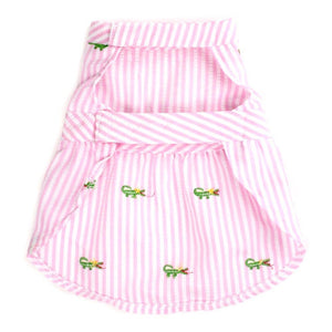 The Worthy Dog - Pink Stripe Alligator Dress has Velcro straps at the neck and waist.