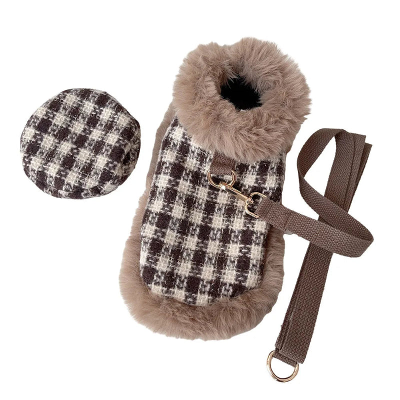 Maltese in Tres Chic Brown Tweed Dog Coat, Hat & Leash Set