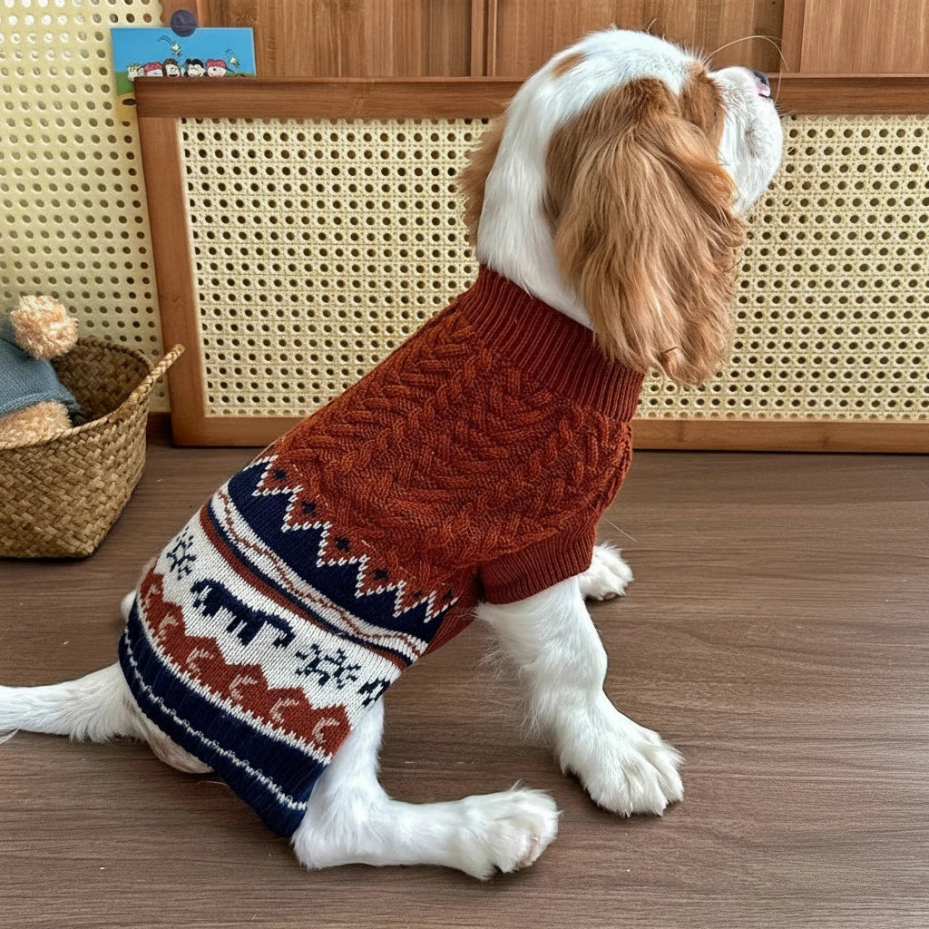 Burgundy Tribal Pattern Cable Knit Dog Sweater