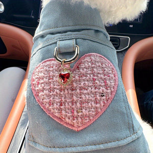 Light blue denim dog jacket with large embroidered pink tweed heart