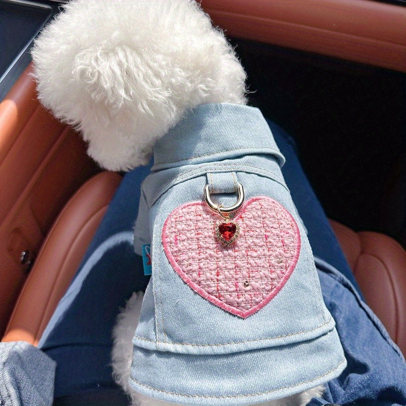 Dog wearing a light blue denim jacket with a pink heart design on a white background