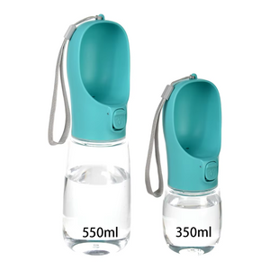 Two pet water bottles with teal drinking nozzles and gray wrist straps, shown on a white background. One bottle is labeled 550ml and the other 350ml.