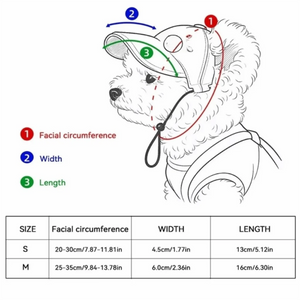 Diagram of a dog cap measurement points and size chart on a white background