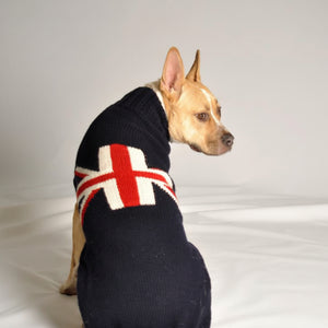 Dog wearing Union Jack Wool Dog Sweater with classic red white and blue British flag design
