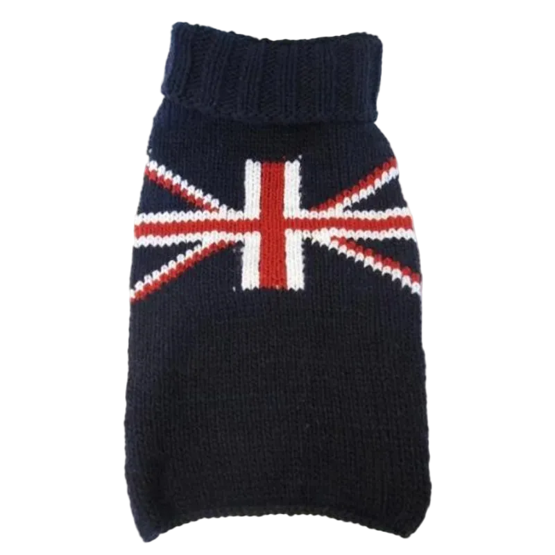 Dog wearing Union Jack Wool Dog Sweater with classic red white and blue British flag design