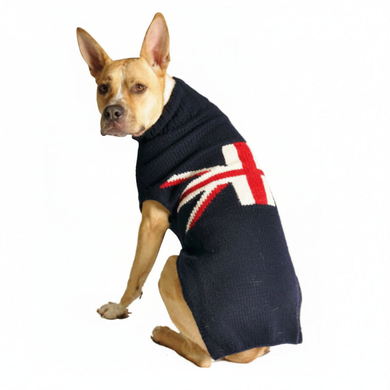 Dog wearing Union Jack Wool Dog Sweater with classic red white and blue British flag design