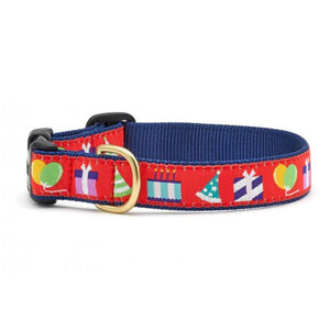 Up Country Birthday Gift Dog Collar is red with gifts, balloons, arty hats and cake patterns.