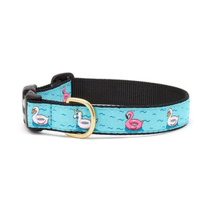 Up Country Floaties Dog Collar is aqua blue with flamingo, unicorn and duck floats.