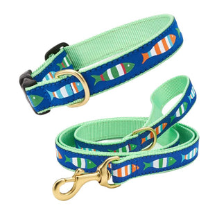 Up Country Funky Fish Dog Collar & Leash Matching Set is blue with mulitcolored fish pattern and light green trim accents