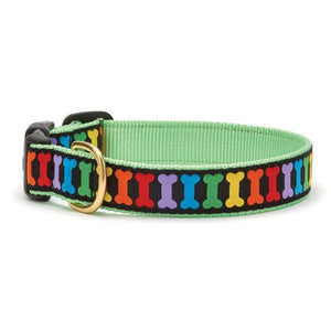 Up Country Rainbones Dog Collar features Rainbow bones on a black collar with mint green trim.