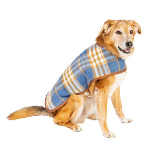 A golden retriever dog wearing a blue, beige, and white plaid pet coat, sitting against a solid white background.