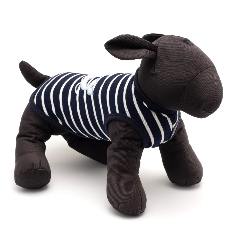 Navy and white striped dog T-shirt with whale design on a white background