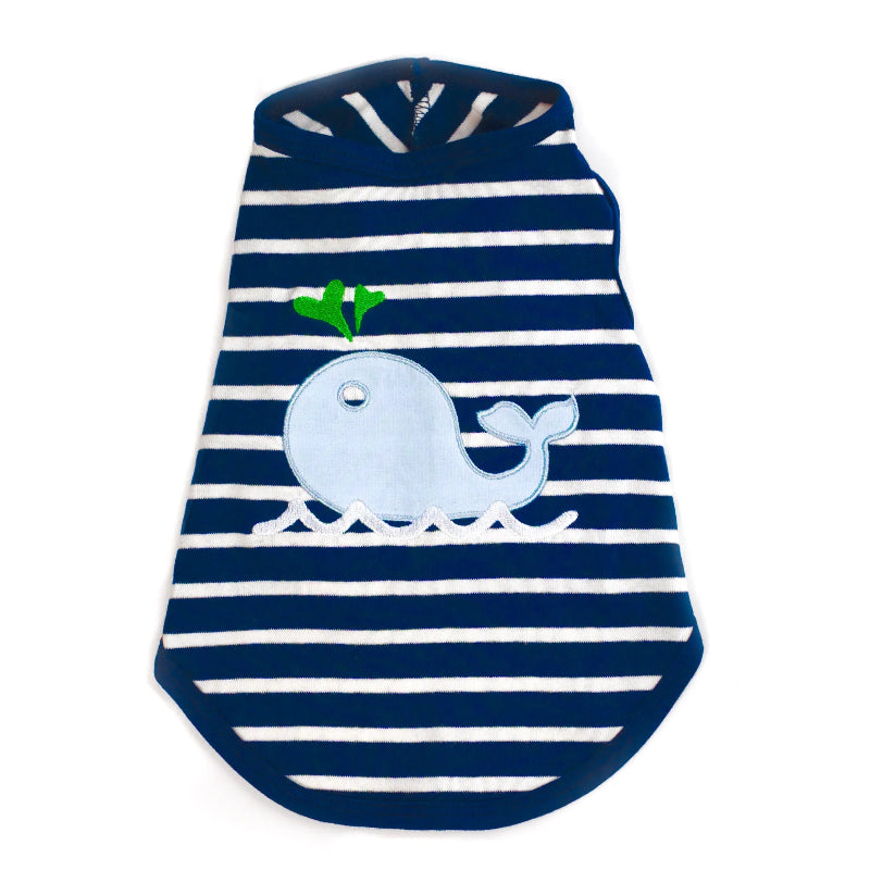 Navy and white striped dog T-shirt with whale design on a white background