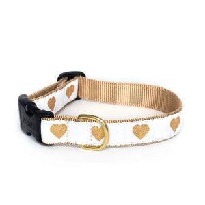 Up Country White Heart of Gold Dog Collar & Leash collar is white with gold hearts.