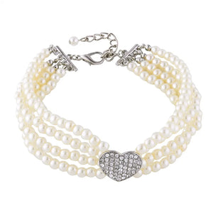 White 4-Row Pearls Dog Necklace with Rhinestone Heart Pendant