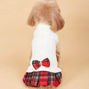 White Christmas Dog Sweater Dress with Red Plaid Skirt & Heart Bow