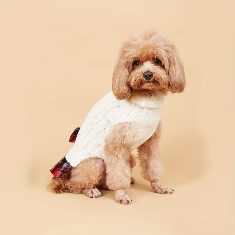 White Christmas Dog Sweater Dress & Red Plaid Skirt | Poshdoglife.com