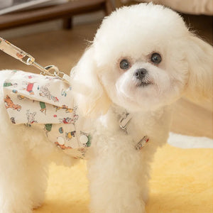 Small dog wearing White Cute Denim Overalls Dog Dress with matching leash