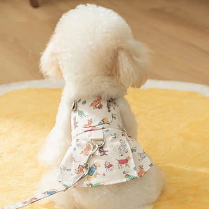 Small dog wearing White Cute Denim Overalls Dog Dress with matching leash