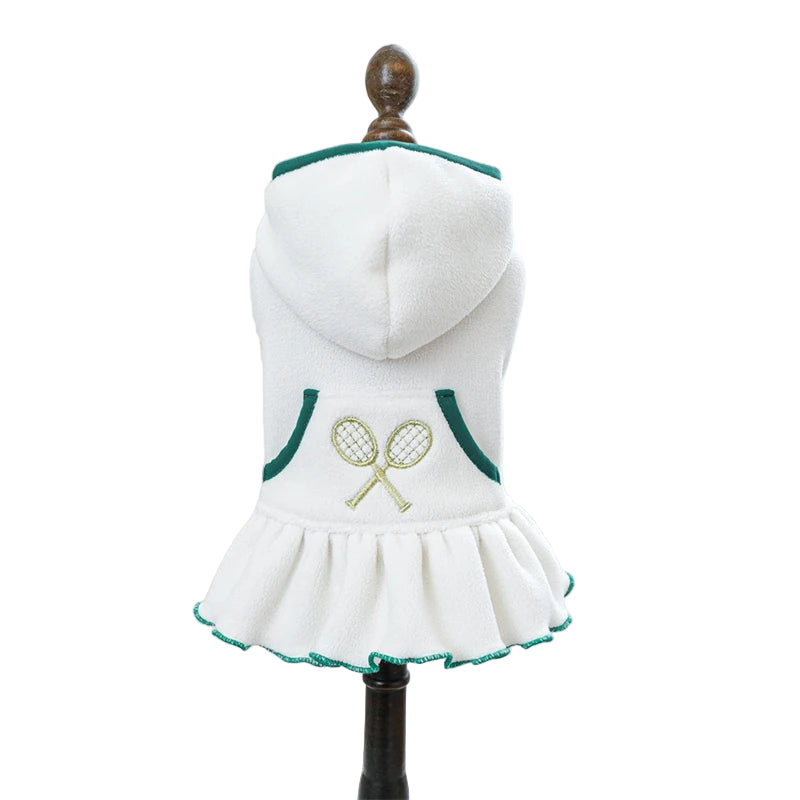 White Tennis Dog Dress has two tennis raquets embroidered on the back
