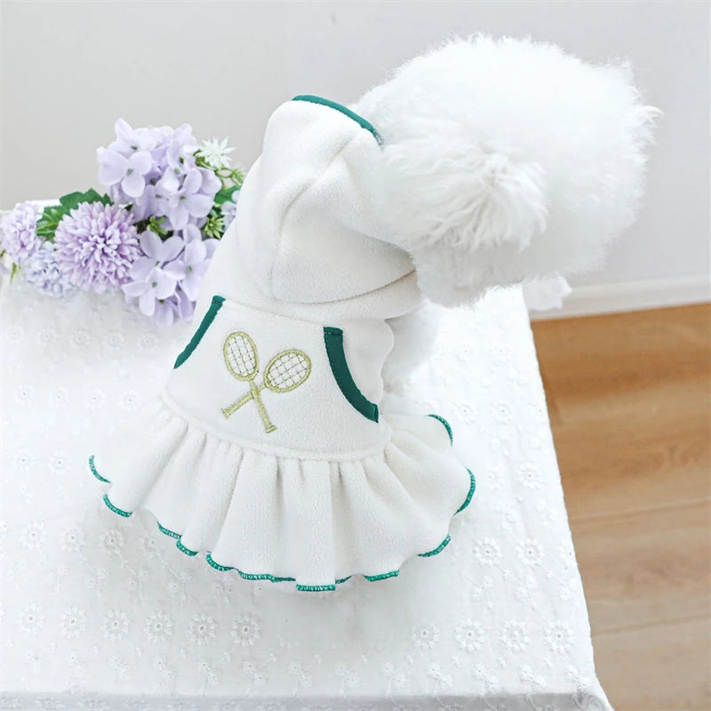 White Tennis Dog Dress has two tennis raquets embroidered on the back