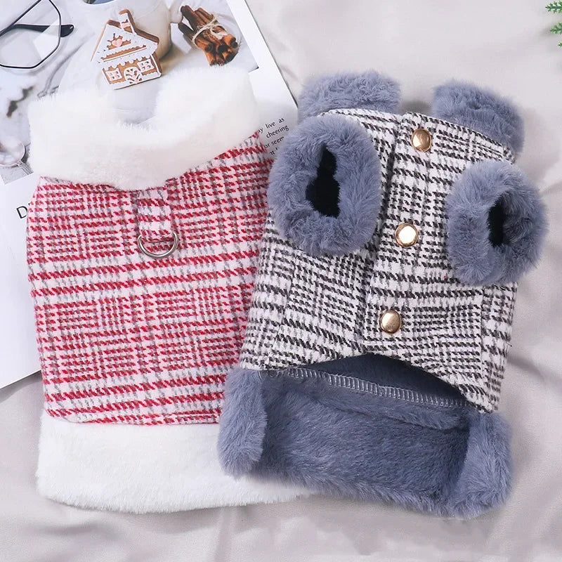 Blue Winter Fleece-Lined Check Dog Harness Dress Coat