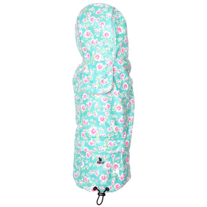 Floral-patterned dog raincoat on a white background