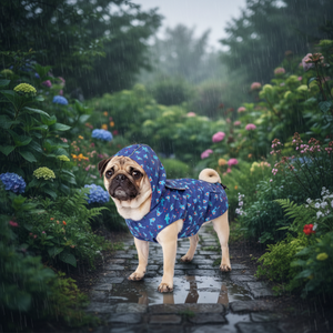 Pug wearing a blue patterned raincoat on a white background