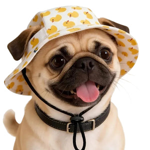 Pug dog wearing a yellow rubber duck patterned hat on a white background