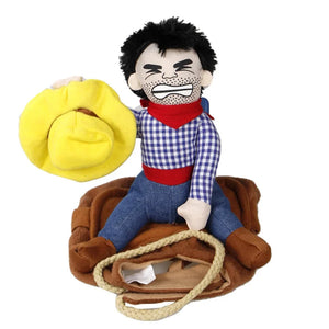 Plush toy cowboy character with a yellow hat and brown saddle on a white background