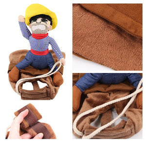Collage of a plush toy cowboy on a horse costume with close-up details.