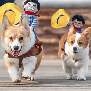 Two corgis in costumes running on a wooden surface with two toy cowboys riding their backs.  i