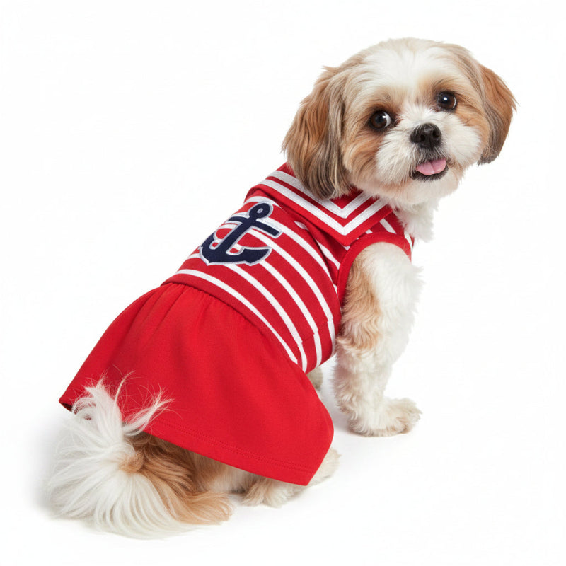 Red and white striped dress with an anchor design on a white background