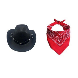 Black cowboy hat and red bandana with white patterns on a white background