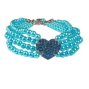 Blue 4-Row Pearls Dog Necklace with Rhinestone Heart Pendant