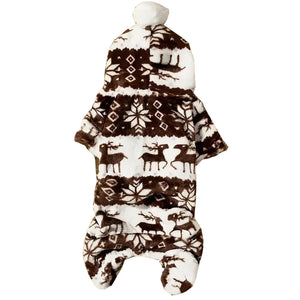 Brown and white deer and snowflake patterned dog pjs