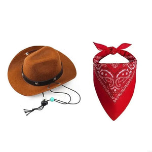 Brown cowboy hat with decorative band and red bandana on a white background