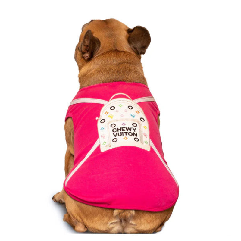 Made of 100% Pima cotton, this designer-inspired embroidered dog T-shirt by Aventura Pups features a Chewy Vuitton white backpack